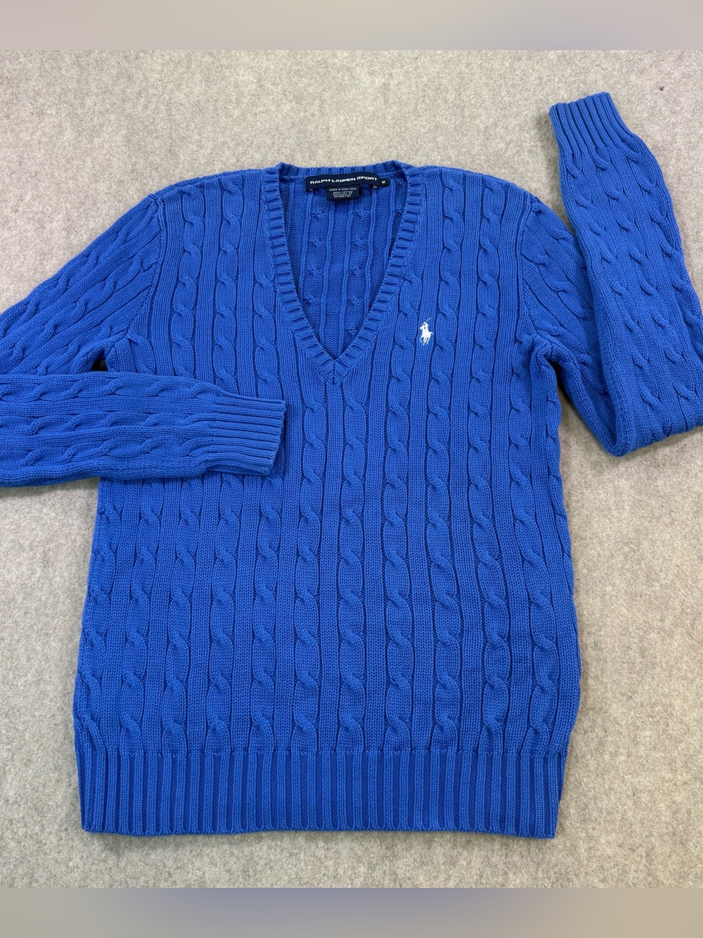 Ralph Lauren Sport Classic Blue Cable Knit V Neck Sweater Women Sz M White Pony